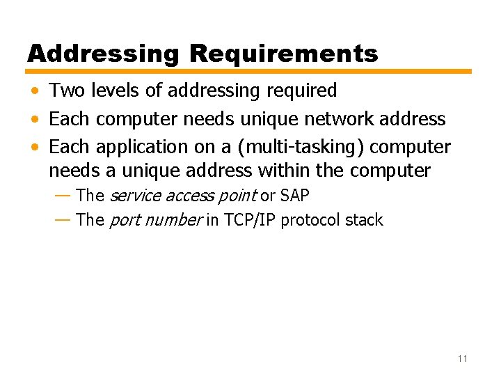 Addressing Requirements • Two levels of addressing required • Each computer needs unique network