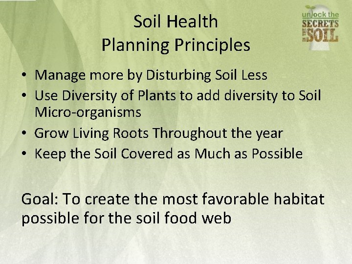 Soil Health Planning Principles • Manage more by Disturbing Soil Less • Use Diversity