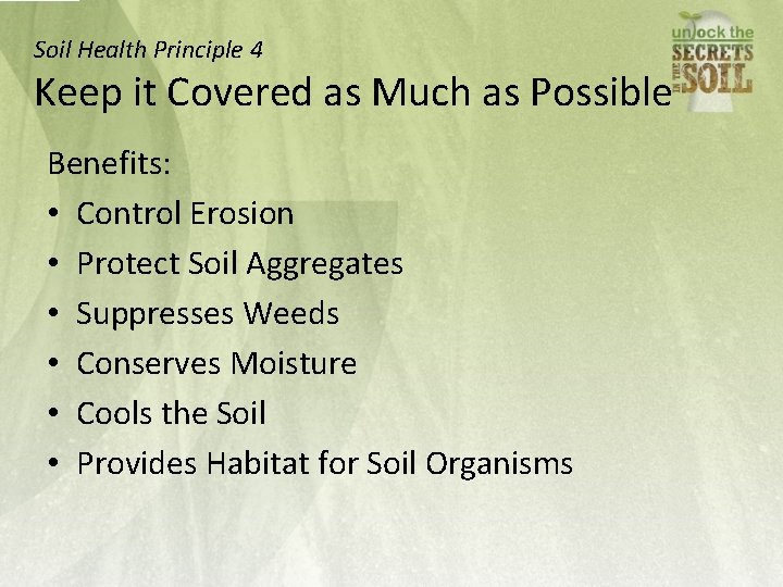 Soil Health Principle 4 Keep it Covered as Much as Possible Benefits: • Control