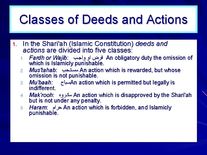 Classes of Deeds and Actions 1. In the Shari'ah (Islamic Constitution) deeds and actions Classes of Deeds and Actions 1. In the Shari'ah (Islamic Constitution) deeds and actions