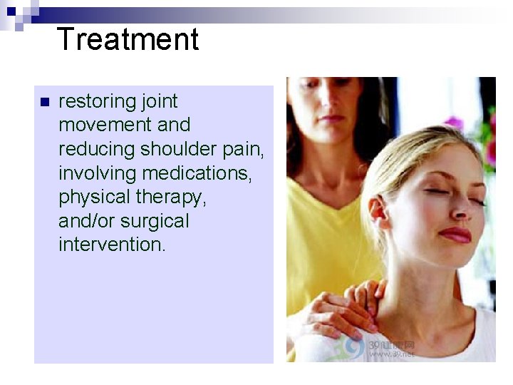 Treatment n restoring joint movement and reducing shoulder pain, involving medications, physical therapy, and/or
