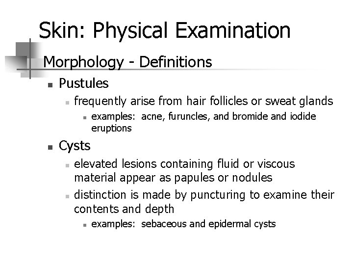 Skin: Physical Examination n Morphology - Definitions n Pustules n frequently arise from hair