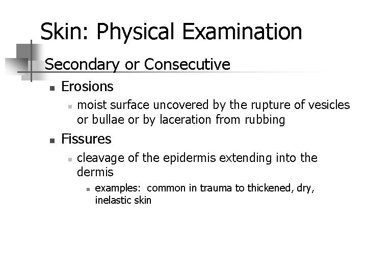 Skin: Physical Examination n Secondary or Consecutive n Erosions n n moist surface uncovered