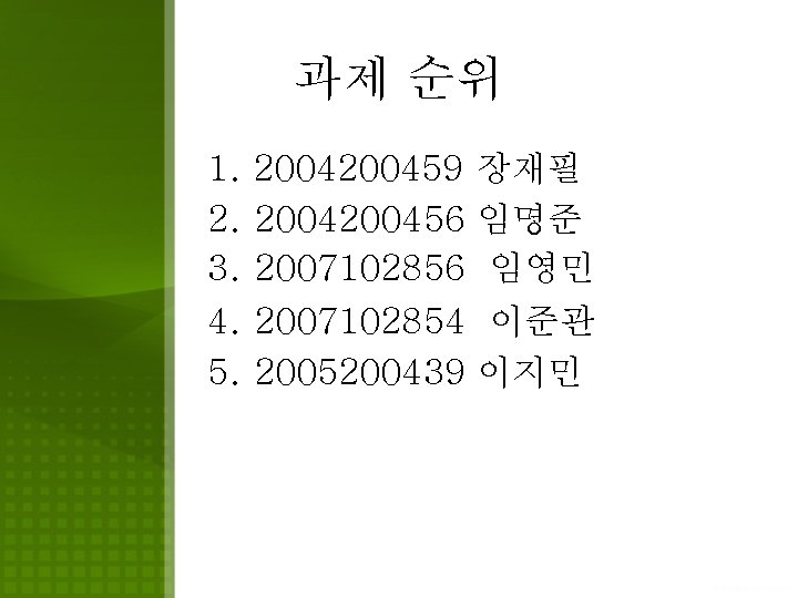 과제 순위 1. 2. 3. 4. 5. 200459 장재필 200456 임명준 2007102856 임영민 2007102854