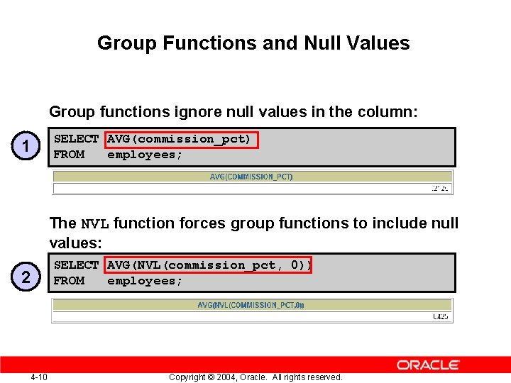 Group Functions and Null Values Group functions ignore null values in the column: SELECT