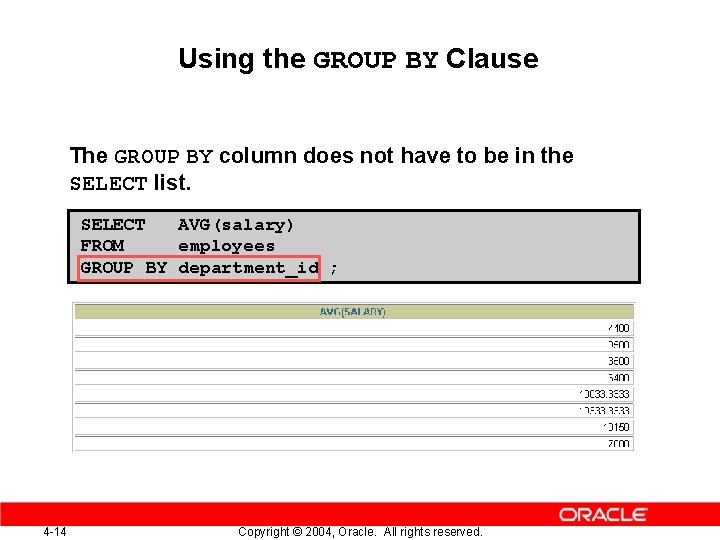 Using the GROUP BY Clause The GROUP BY column does not have to be