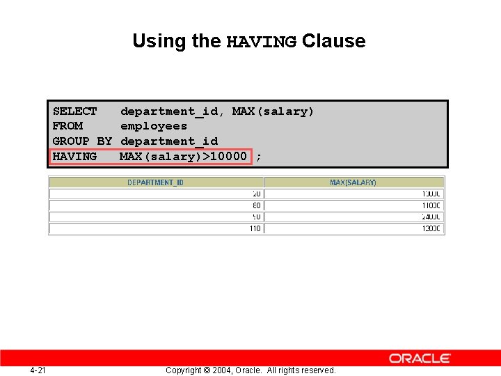 Using the HAVING Clause SELECT FROM GROUP BY HAVING 4 -21 department_id, MAX(salary) employees