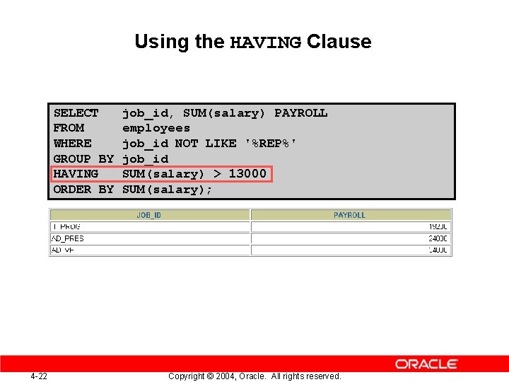 Using the HAVING Clause SELECT FROM WHERE GROUP BY HAVING ORDER BY 4 -22