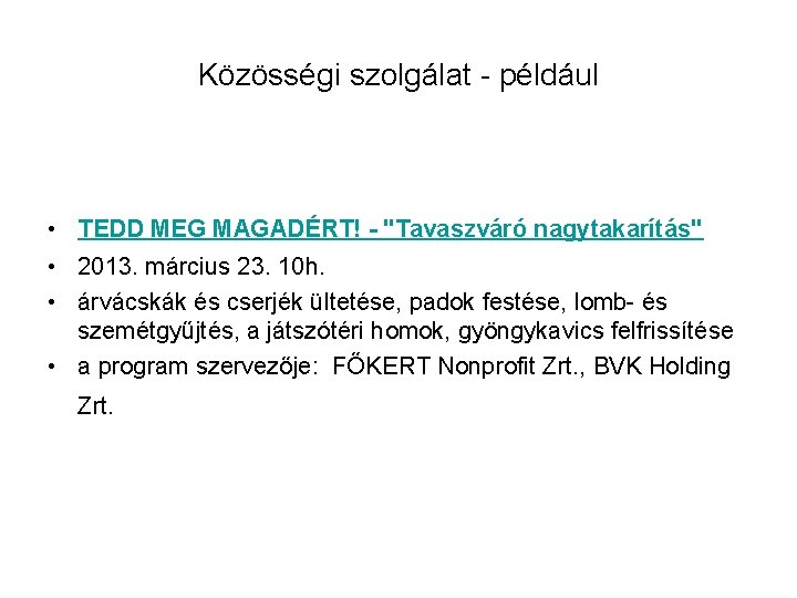 Közösségi szolgálat - például • TEDD MEG MAGADÉRT! - "Tavaszváró nagytakarítás" • 2013. március