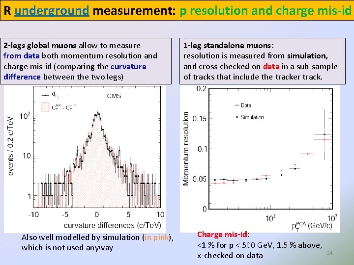 R underground measurement: p resolution and charge mis-id 2 -legs global muons allow to