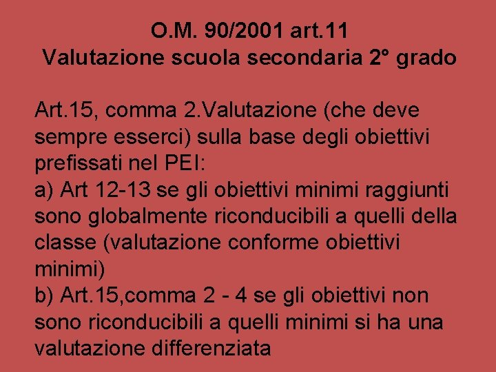 O. M. 90/2001 art. 11 Valutazione scuola secondaria 2° grado Art. 15, comma 2.