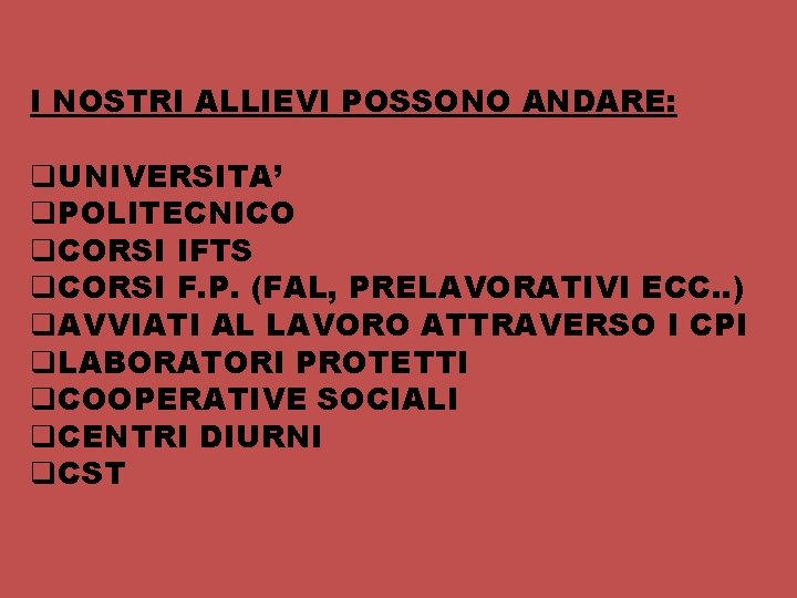 I NOSTRI ALLIEVI POSSONO ANDARE: q. UNIVERSITA’ q. POLITECNICO q. CORSI IFTS q. CORSI I NOSTRI ALLIEVI POSSONO ANDARE: q. UNIVERSITA’ q. POLITECNICO q. CORSI IFTS q. CORSI