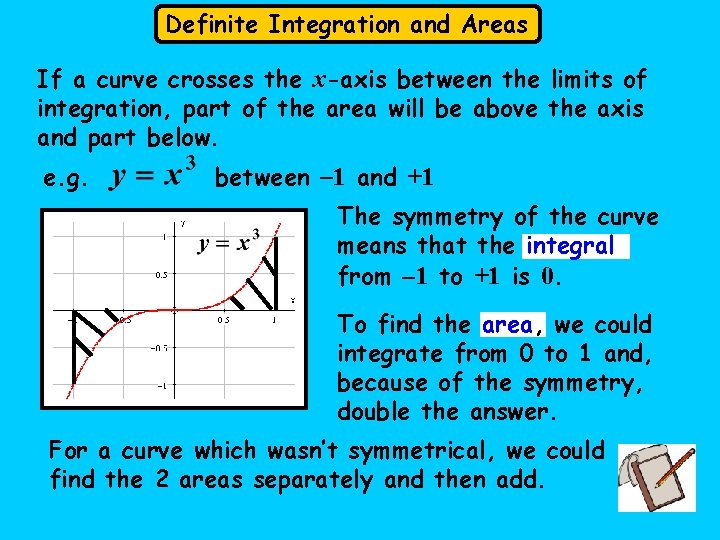 Definite Integration and Areas If a curve crosses the x-axis between the limits of