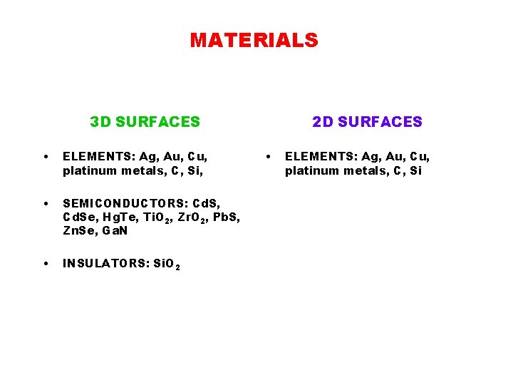 MATERIALS 3 D SURFACES • ELEMENTS: Ag, Au, Cu, platinum metals, C, Si, •