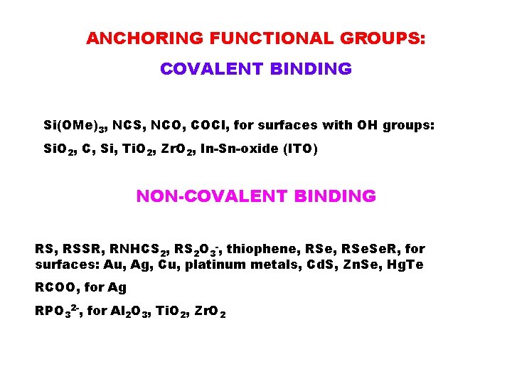 ANCHORING FUNCTIONAL GROUPS: COVALENT BINDING Si(OMe)3, NCS, NCO, COCl, for surfaces with OH groups:
