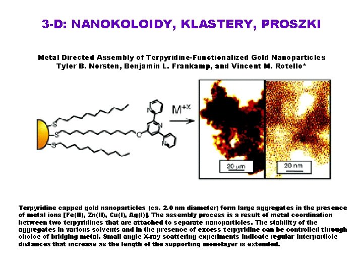 3 -D: NANOKOLOIDY, KLASTERY, PROSZKI Metal Directed Assembly of Terpyridine-Functionalized Gold Nanoparticles Tyler B.