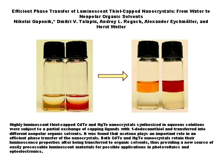 Efficient Phase Transfer of Luminescent Thiol-Capped Nanocrystals: From Water to Nonpolar Organic Solvents Nikolai