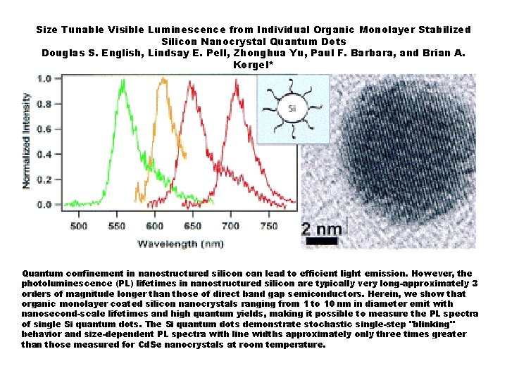 Size Tunable Visible Luminescence from Individual Organic Monolayer Stabilized Silicon Nanocrystal Quantum Dots Douglas