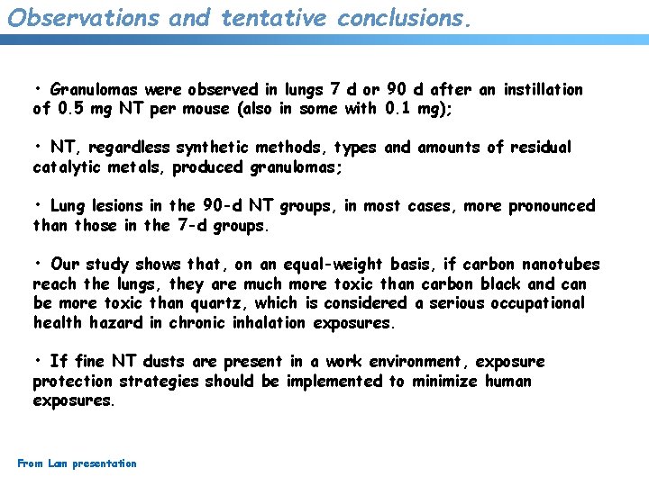 Observations and tentative conclusions. • Granulomas were observed in lungs 7 d or 90