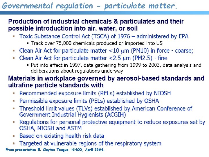 Governmental regulation - particulate matter. From presentation E. Clayton Teague, NNCO, April 2004. 