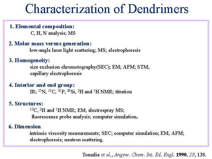 Characterization of Dendrimers 1. Elemental composition: C, H, N analysis; MS 2. Molar mass