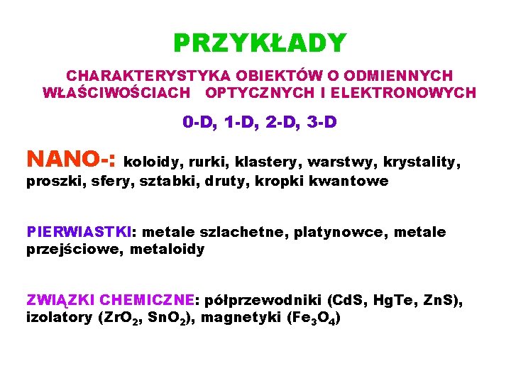 PRZYKŁADY CHARAKTERYSTYKA OBIEKTÓW O ODMIENNYCH WŁAŚCIWOŚCIACH OPTYCZNYCH I ELEKTRONOWYCH 0 -D, 1 -D, 2