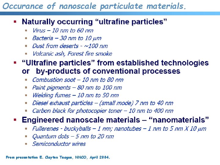 Occurance of nanoscale particulate materials. From presentation E. Clayton Teague, NNCO, April 2004. 