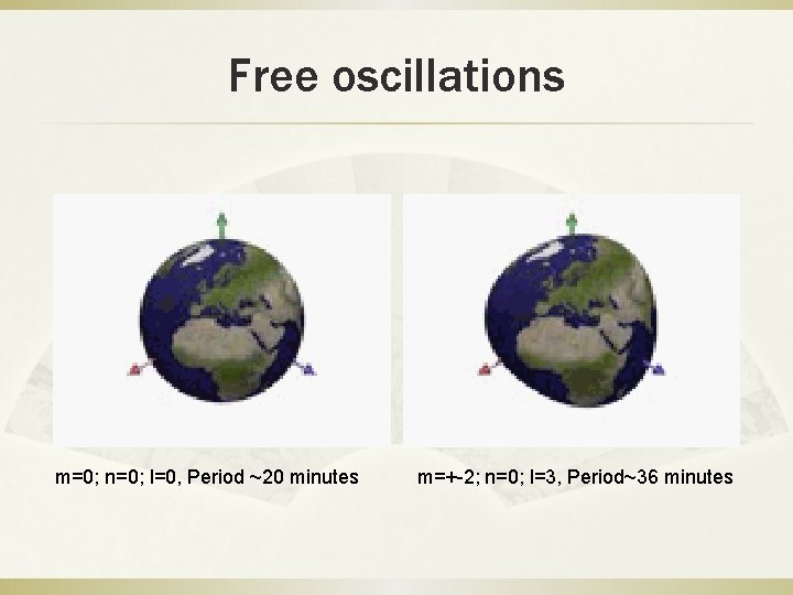 Free oscillations m=0; n=0; l=0, Period ~20 minutes m=+-2; n=0; l=3, Period~36 minutes 