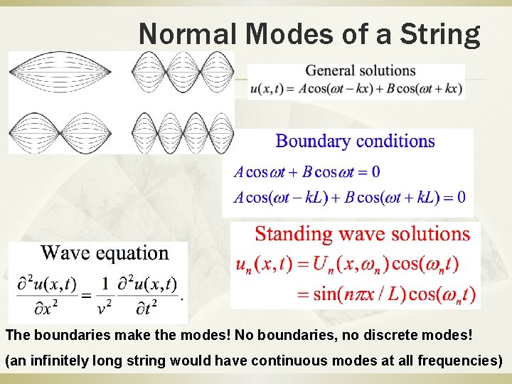 Normal Modes of a String The boundaries make the modes! No boundaries, no discrete