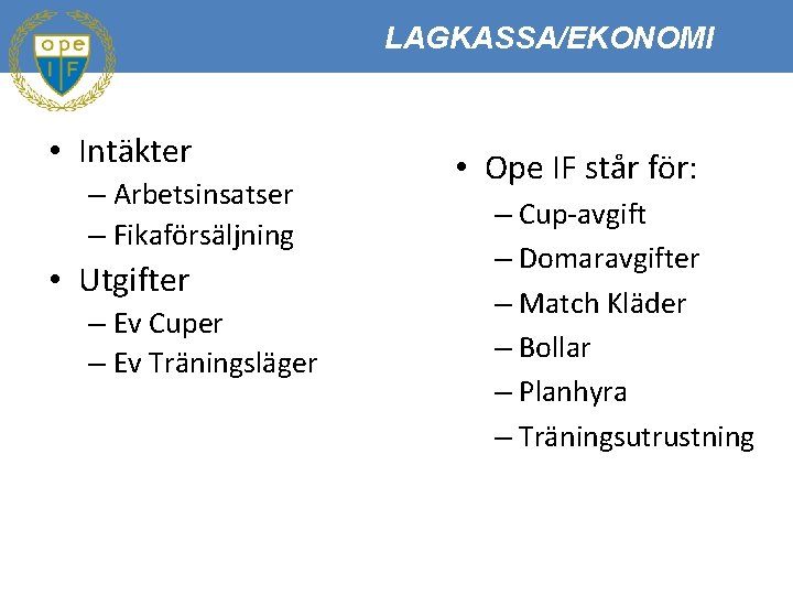 LAGKASSA/EKONOMI • Intäkter – Arbetsinsatser – Fikaförsäljning • Utgifter – Ev Cuper – Ev