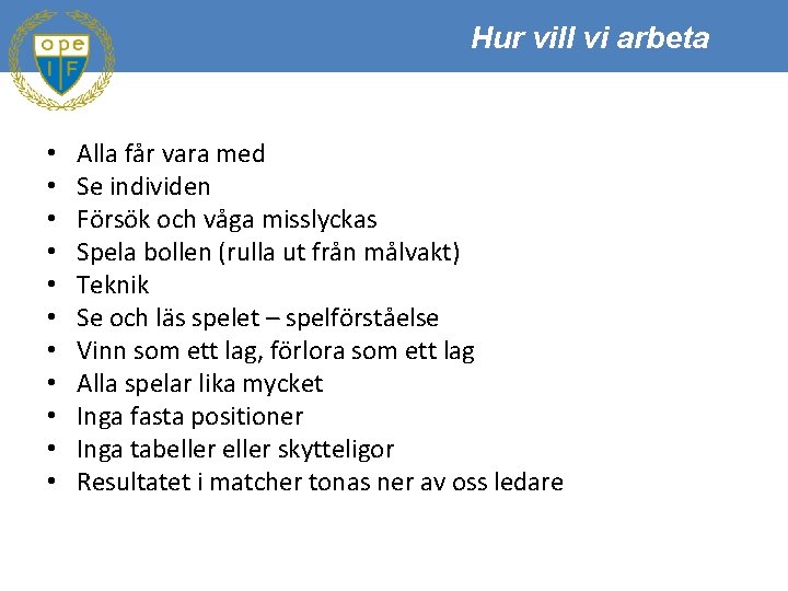 Hur vill vi arbeta • • • Alla får vara med Se individen Försök