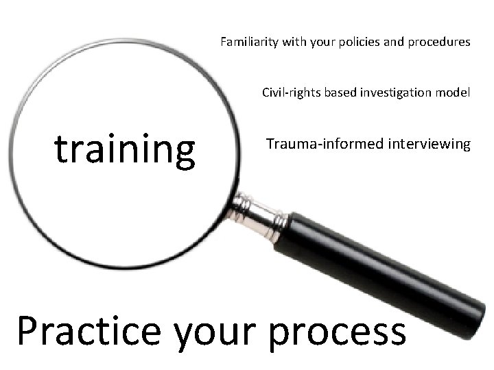 Familiarity with your policies and procedures Civil-rights based investigation model training Trauma-informed interviewing Practice