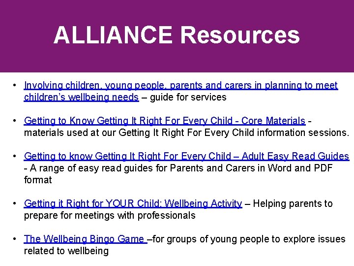 ALLIANCE Resources • Involving children, young people, parents and carers in planning to meet