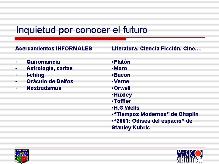 Inquietud por conocer el futuro Acercamientos INFORMALES Literatura, Ciencia Ficción, Cine… • • •