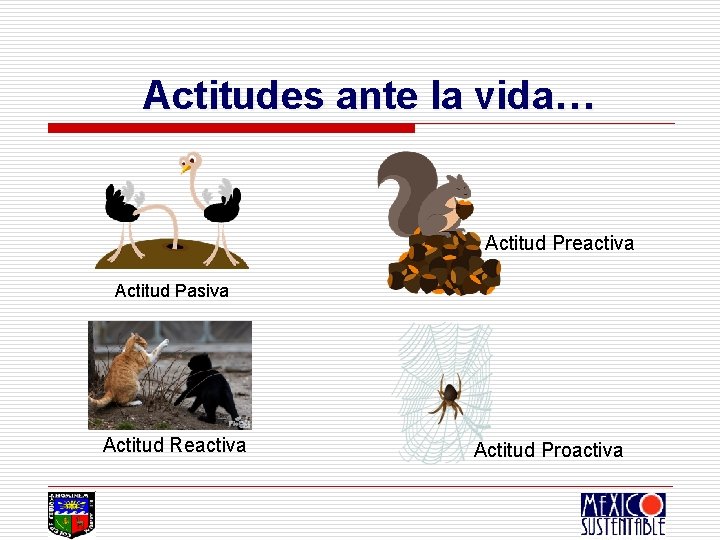 Actitudes ante la vida… Actitud Preactiva Actitud Pasiva Actitud Reactiva Actitud Proactiva 