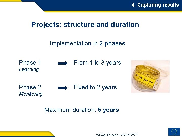 4. Capturing results Projects: structure and duration Implementation in 2 phases Phase 1 From