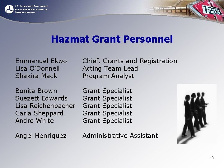 U. S. Department of Transportation Pipeline and Hazardous Materials Safety Administration Hazmat Grant Personnel