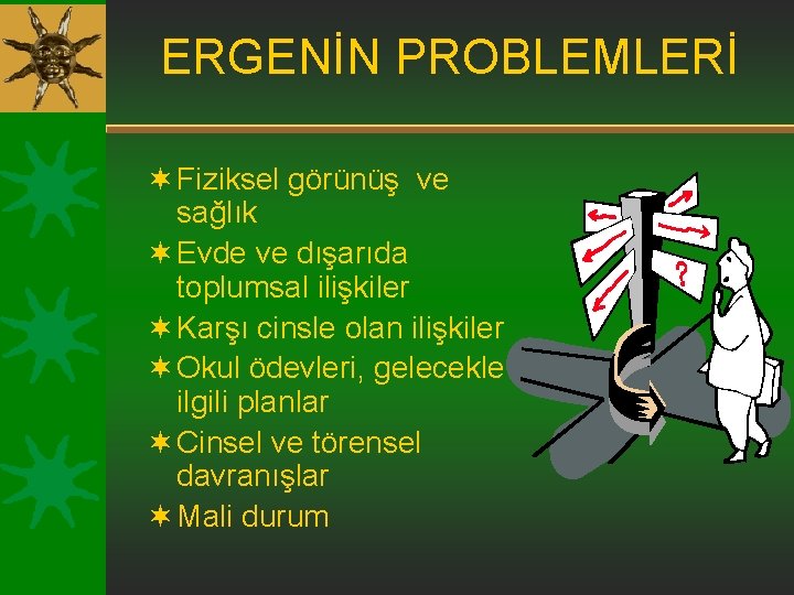 ERGENİN PROBLEMLERİ ¬ Fiziksel görünüş ve sağlık ¬ Evde ve dışarıda toplumsal ilişkiler ¬