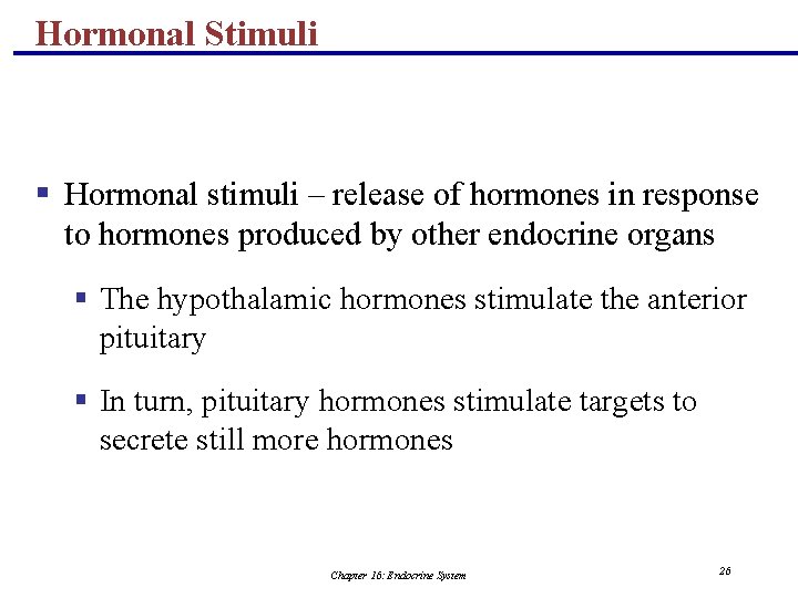 Hormonal Stimuli § Hormonal stimuli – release of hormones in response to hormones produced