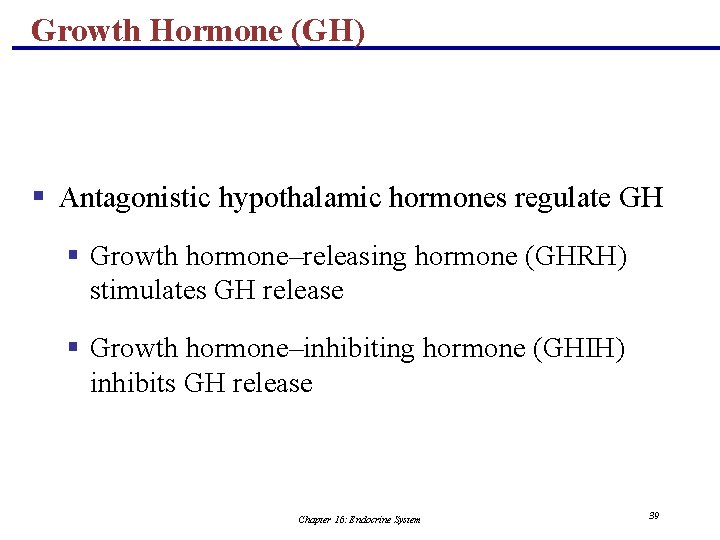 Growth Hormone (GH) § Antagonistic hypothalamic hormones regulate GH § Growth hormone–releasing hormone (GHRH)