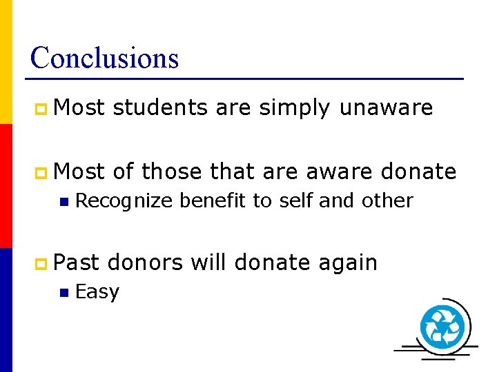 Conclusions p Most students are simply unaware p Most of those that are aware