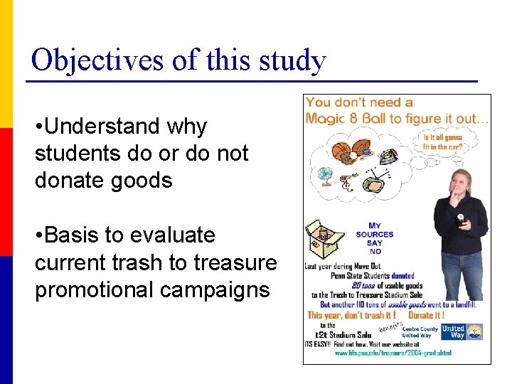 Objectives of this study • Understand why students do or do not donate goods