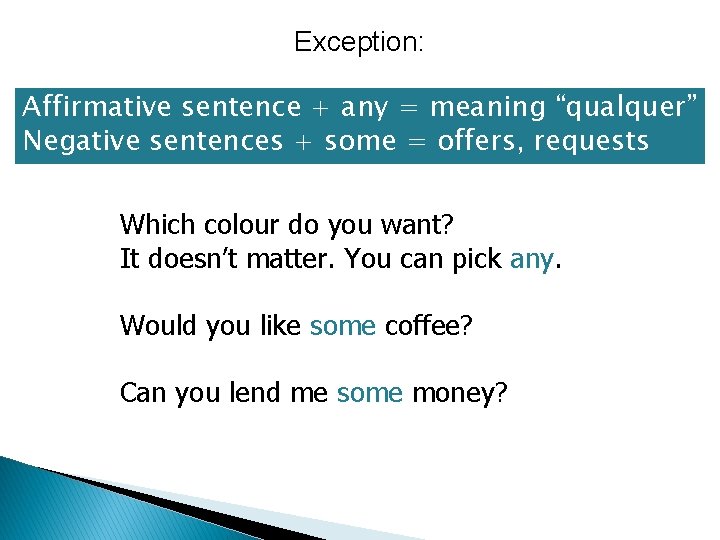 Exception: Affirmative sentence + any = meaning “qualquer” Negative sentences + some = offers,