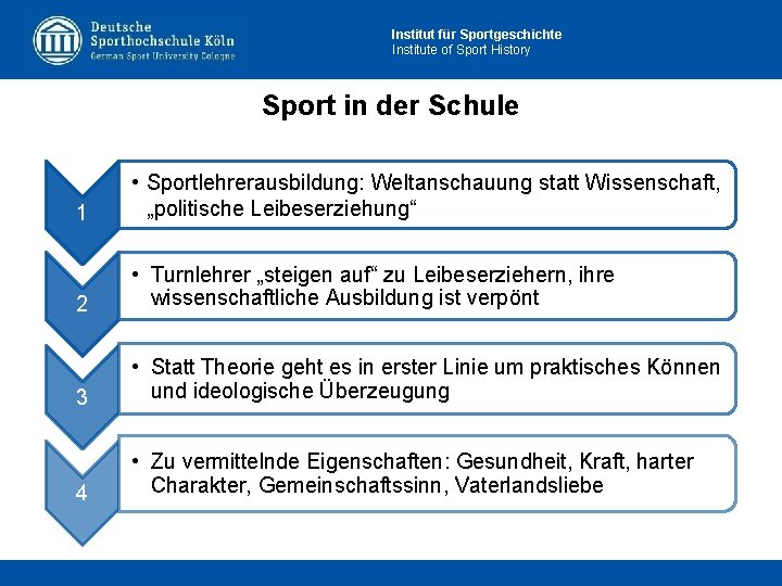 Institut für Sportgeschichte Institute of Sport History Sport in der Schule 1 • Sportlehrerausbildung: