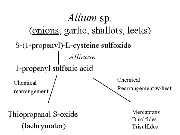 Allium sp. (onions, garlic, shallots, leeks) S-(1 -propenyl)-L-cysteine sulfoxide Allinase 1 -propenyl sulfenic acid