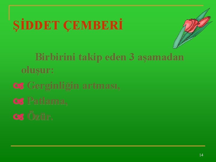 ŞİDDET ÇEMBERİ Birbirini takip eden 3 aşamadan oluşur: Gerginliğin artması, Patlama, Özür. 14 