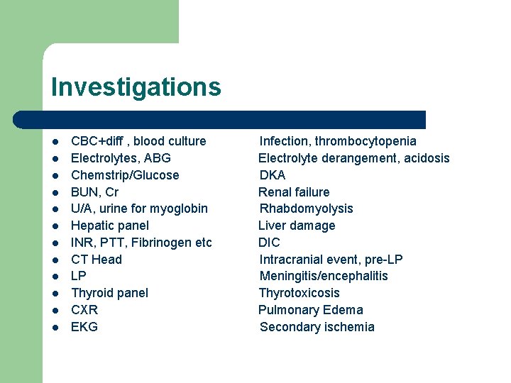 Investigations l l l CBC+diff , blood culture Infection, thrombocytopenia Electrolytes, ABG Electrolyte derangement,