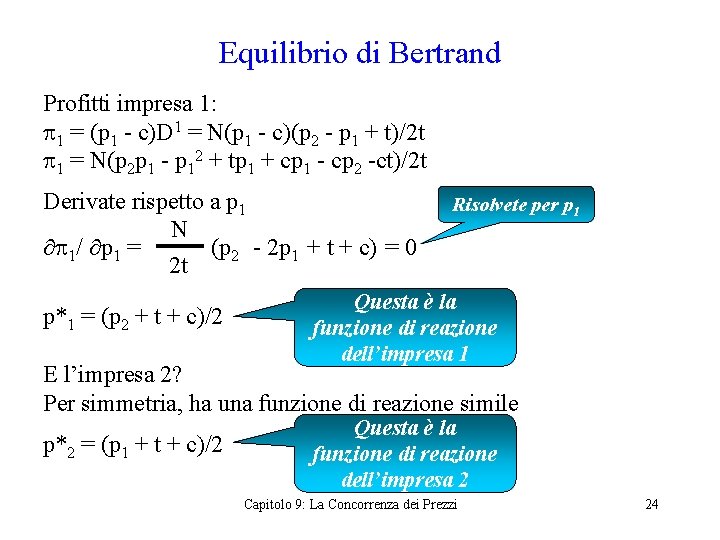Equilibrio di Bertrand Profitti impresa 1: p 1 = (p 1 - c)D 1
