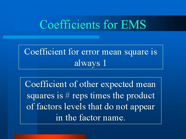 Coefficients for EMS Coefficient for error mean square is always 1 Coefficient of other