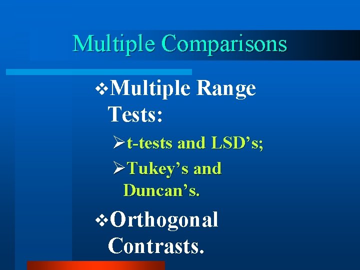 Multiple Comparisons v. Multiple Range Tests: Øt-tests and LSD’s; ØTukey’s and Duncan’s. v. Orthogonal